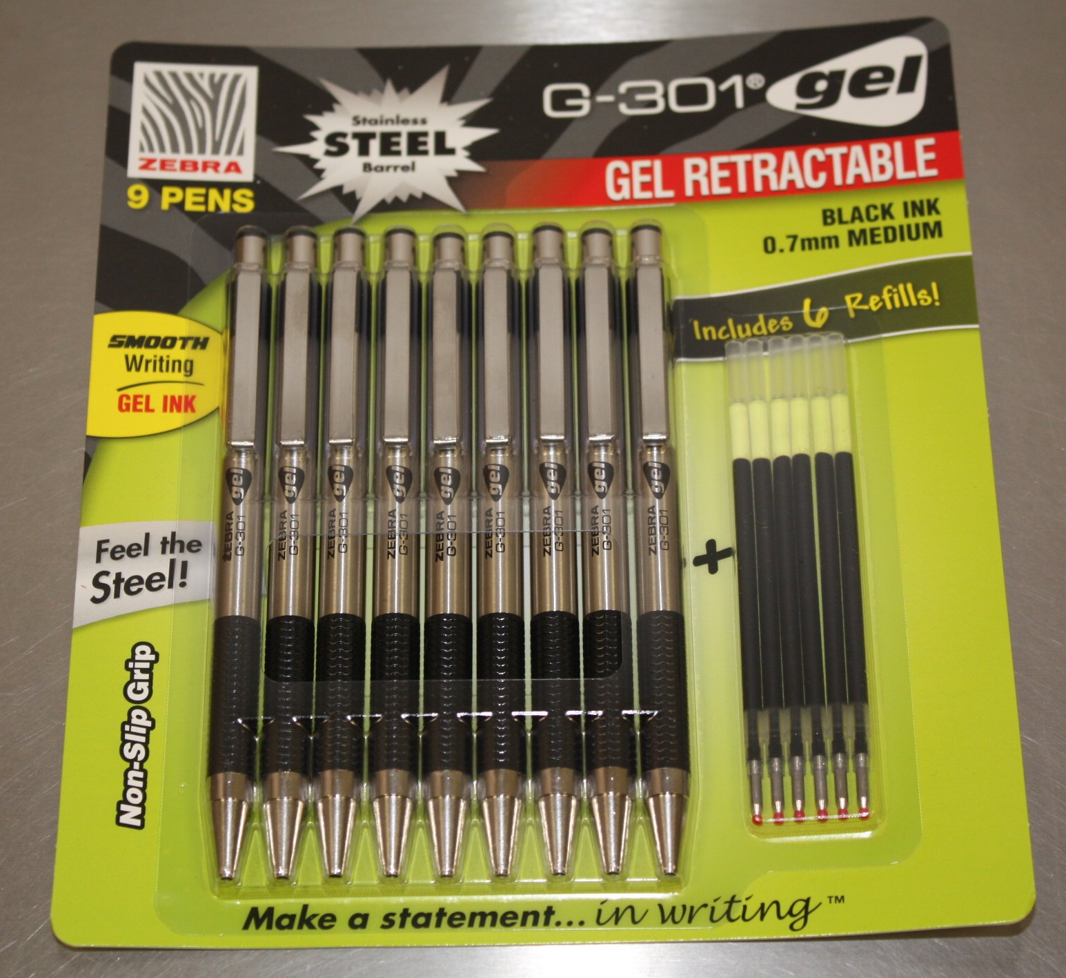 Zebra G301 Gel Stainless Steel 9 pk 6 refill Cartridges New Black ink