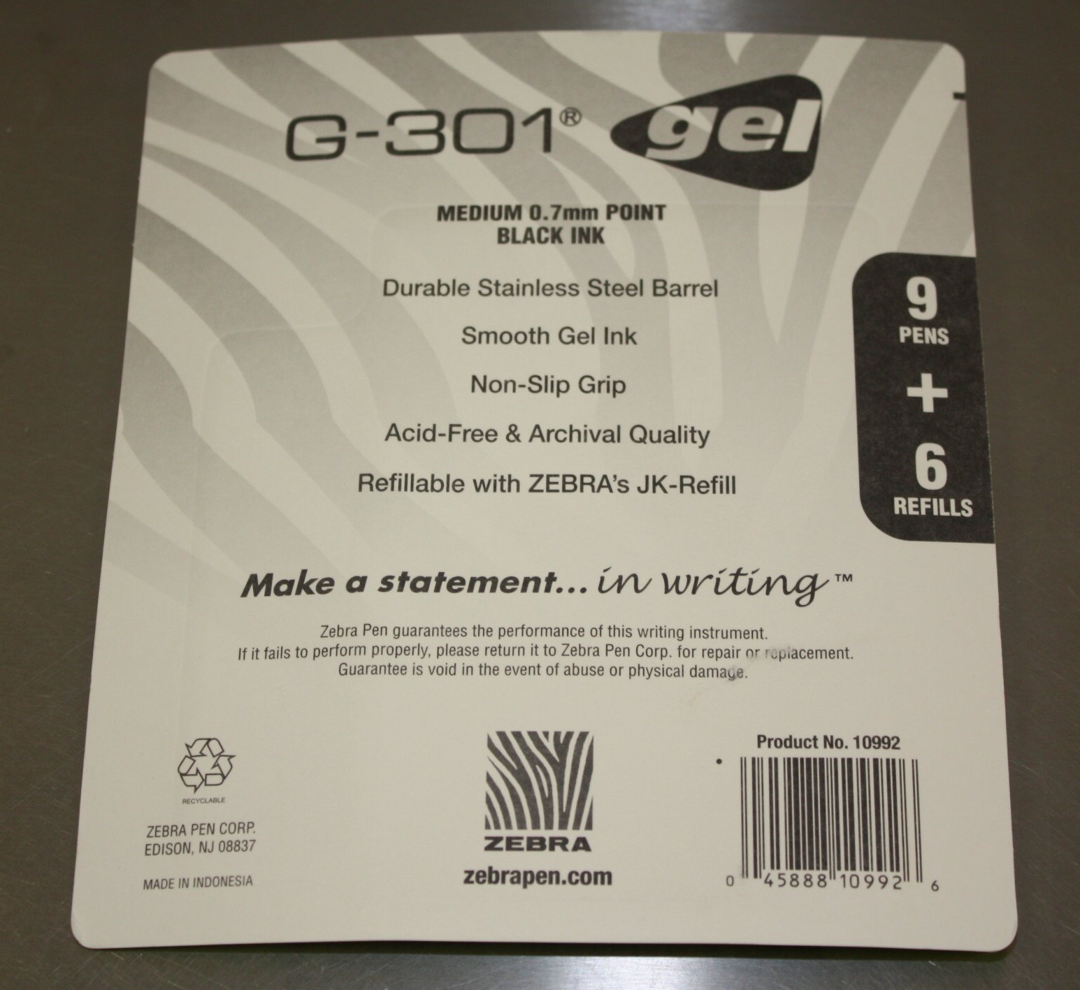 Zebra G301 Gel Stainless Steel 9 pk 6 refill Cartridges New Black ink