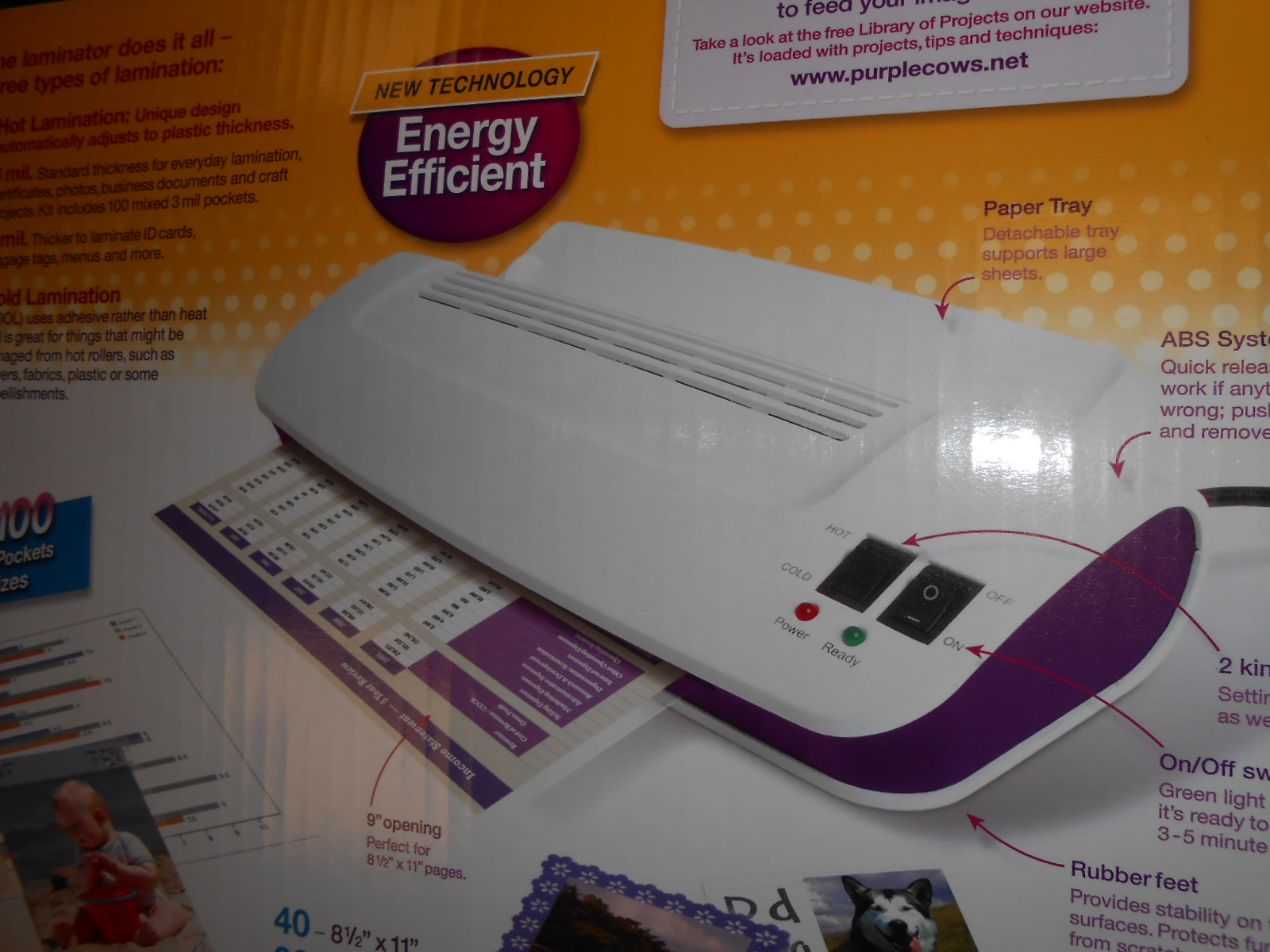 Purple Cows 9" Hot Cold Laminator Laminating Machine +100 Sheets Hot